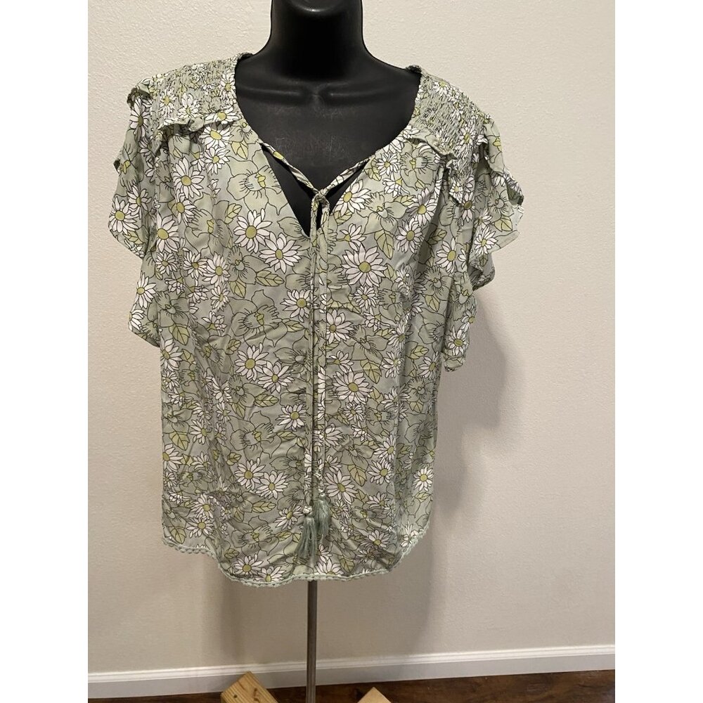Floral Tie-Front Ruffle Blouse - Sage Green
